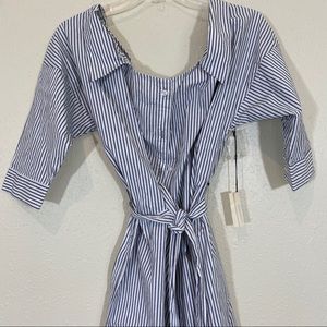 Sneak Peak Off Shoulder Collar Railroad Dress Mini Pinstriped Cotton Belted